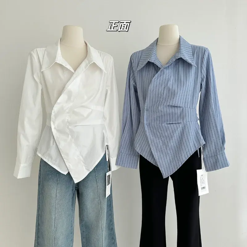 Elegant Striped Shirts Women Vintage Irregular White Blouses Ladies Korean Long Sleeve Chic Buttons Slim Design Tops New
