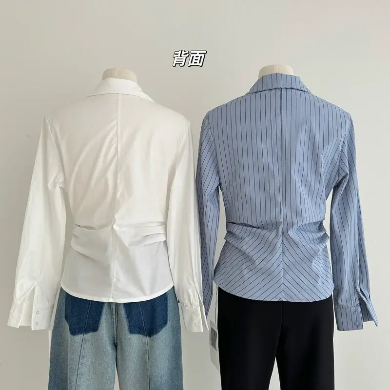 Elegant Striped Shirts Women Vintage Irregular White Blouses Ladies Korean Long Sleeve Chic Buttons Slim Design Tops New