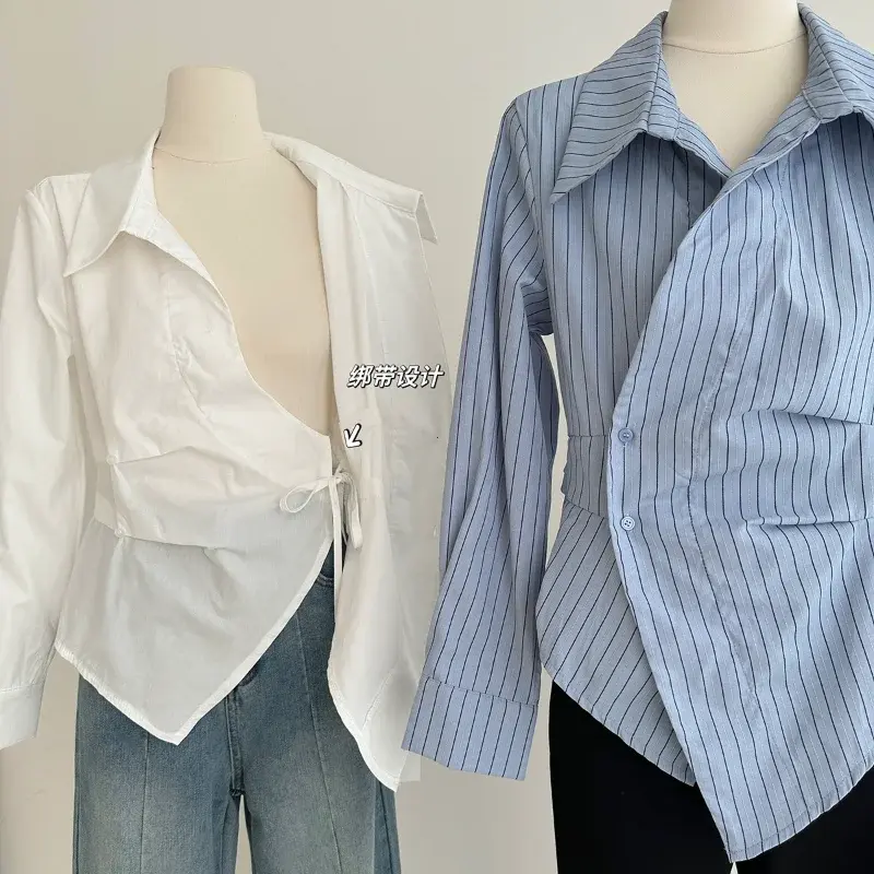 Elegant Striped Shirts Women Vintage Irregular White Blouses Ladies Korean Long Sleeve Chic Buttons Slim Design Tops New