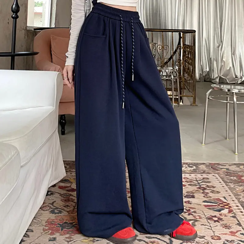 Autumn Women Streetwear High Waisted Outside Casual Long Pants Lady Fashion Navy Blue Gray Drawstring Wide Leg Baggy Trousers