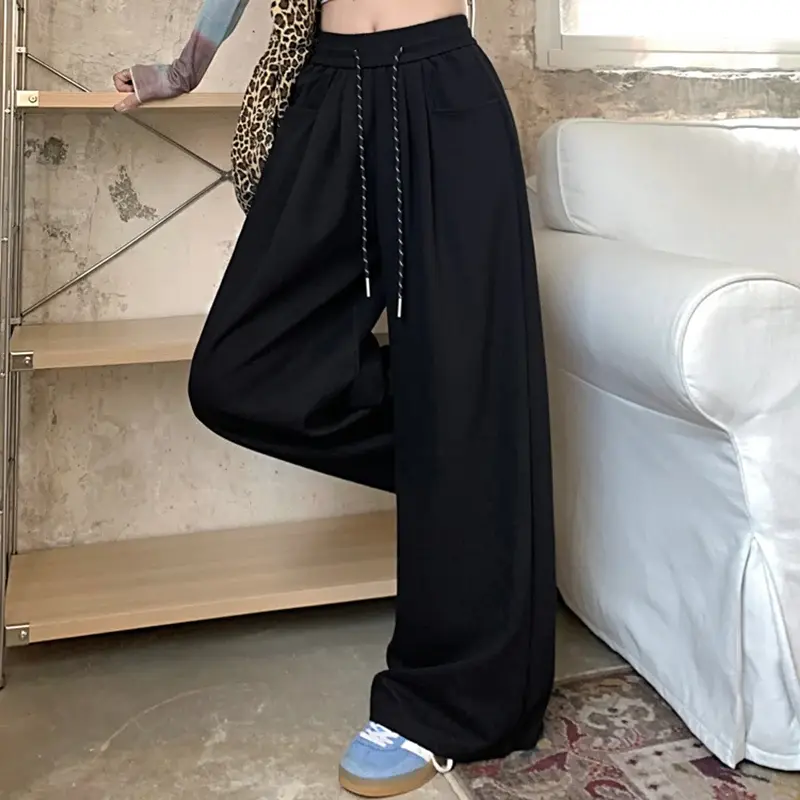 Autumn Women Streetwear High Waisted Outside Casual Long Pants Lady Fashion Navy Blue Gray Drawstring Wide Leg Baggy Trousers