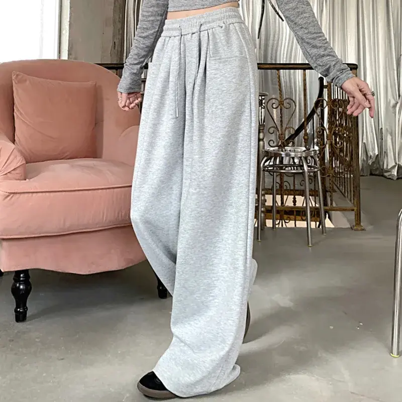Autumn Women Streetwear High Waisted Outside Casual Long Pants Lady Fashion Navy Blue Gray Drawstring Wide Leg Baggy Trousers