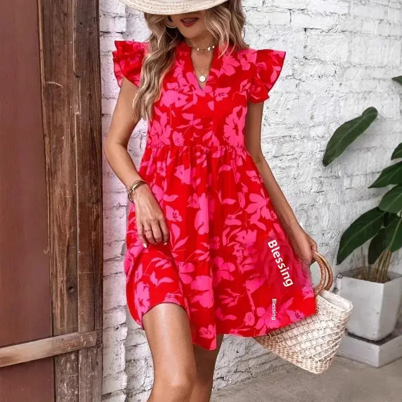 Best Selling Women's Summer New Fashion Dress Printed V-Neck Sweet Flying Sleeves Dress Cross-Border