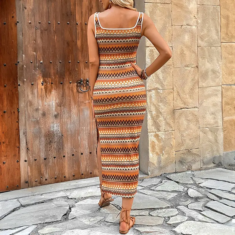 Square collar dress for women in spring 2025, new European and American women's fashion casual striped vacation style sleeveless