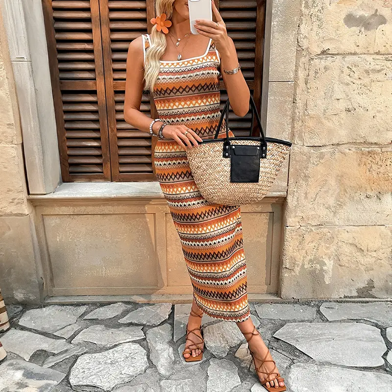 Square collar dress for women in spring 2025, new European and American women's fashion casual striped vacation style sleeveless