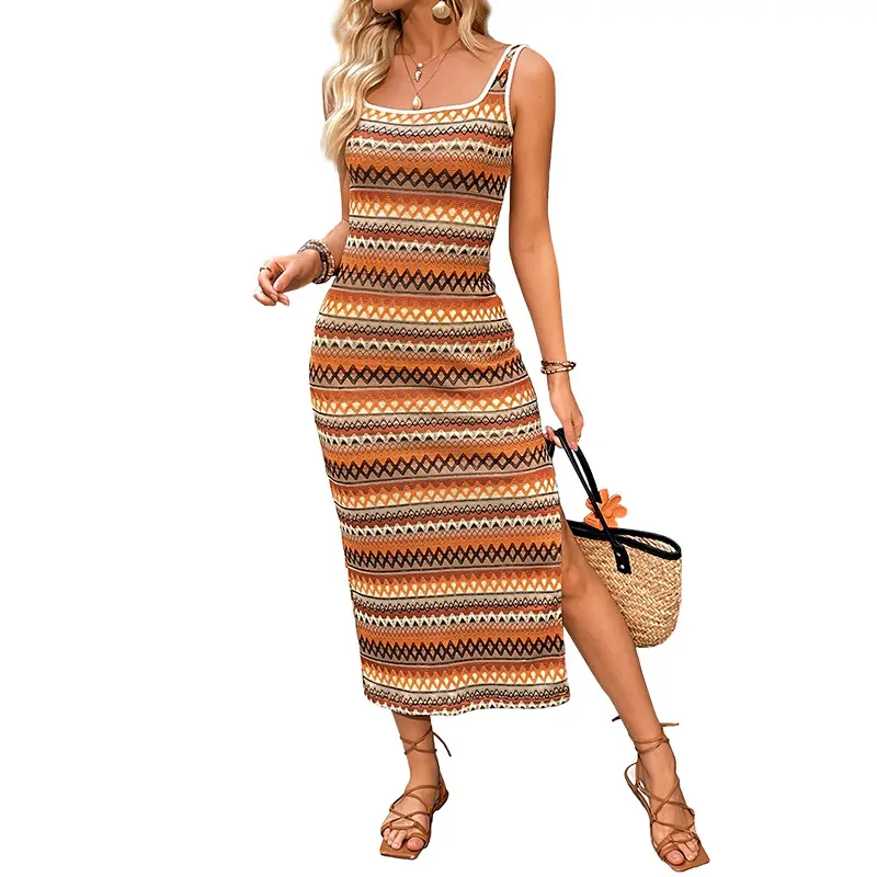 Square collar dress for women in spring 2025, new European and American women's fashion casual striped vacation style sleeveless