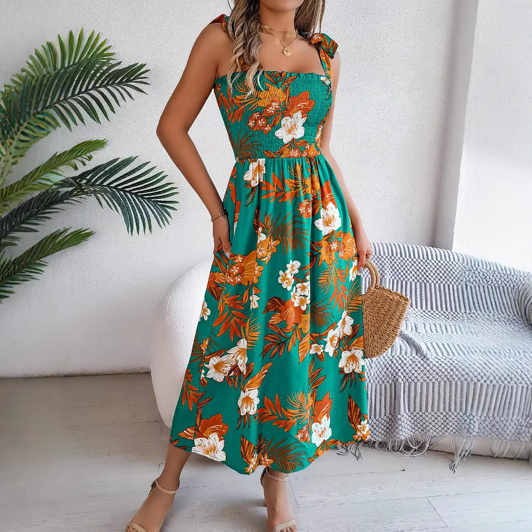 2025 Spring/Summer European and American Flower Strap Waist Strap Skirt Resort Beach Long Dress Women's Wear