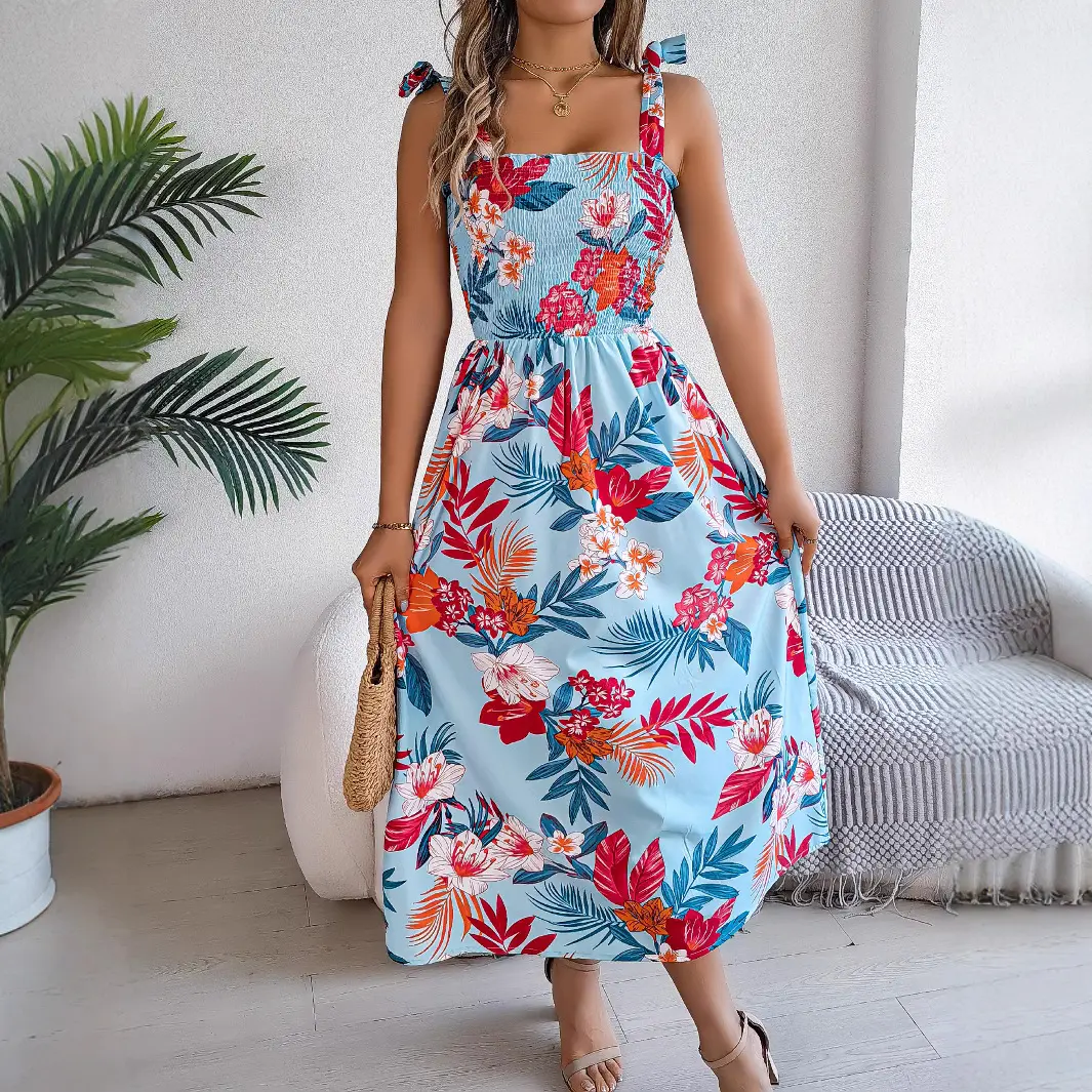 2025 Spring/Summer European and American Flower Strap Waist Strap Skirt Resort Beach Long Dress Women's Wear
