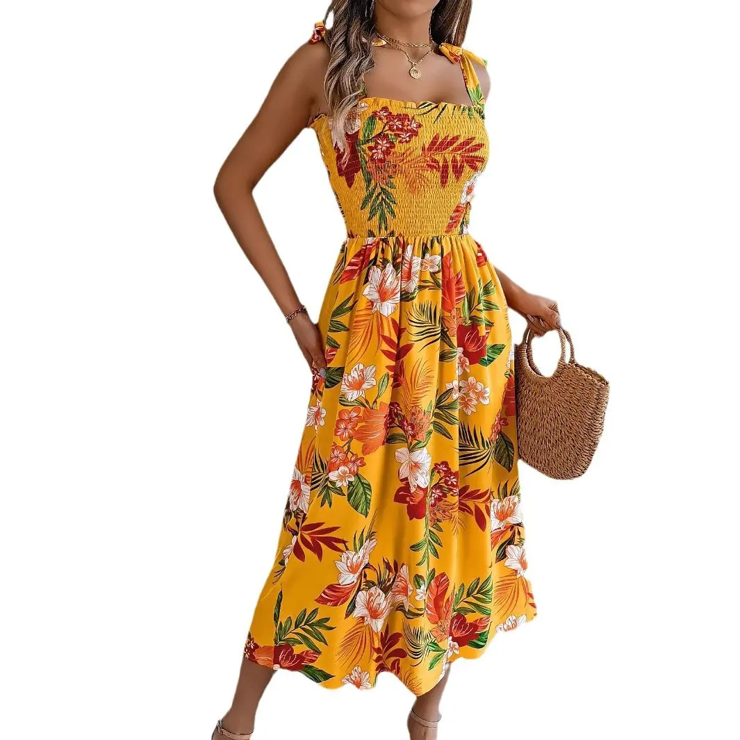 2025 Spring/Summer European and American Flower Strap Waist Strap Skirt Resort Beach Long Dress Women's Wear