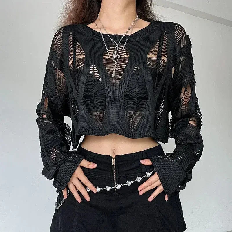 Vintage Hole Ripped Knitted Smock Tops Sexy Fashion Cropped Pullover Hollow Out Spring Autumn Sweater Knitwear