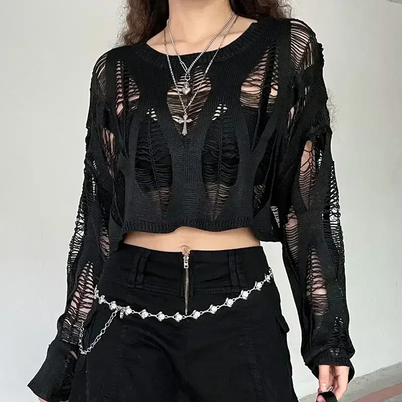 Vintage Hole Ripped Knitted Smock Tops Sexy Fashion Cropped Pullover Hollow Out Spring Autumn Sweater Knitwear