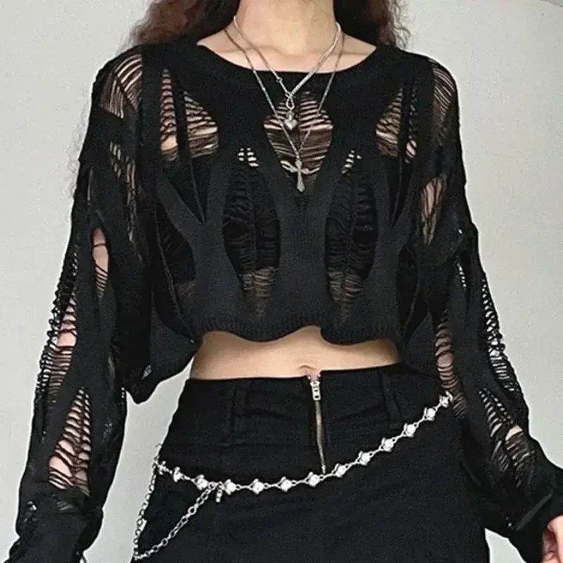 Vintage Hole Ripped Knitted Smock Tops Sexy Fashion Cropped Pullover Hollow Out Spring Autumn Sweater Knitwear