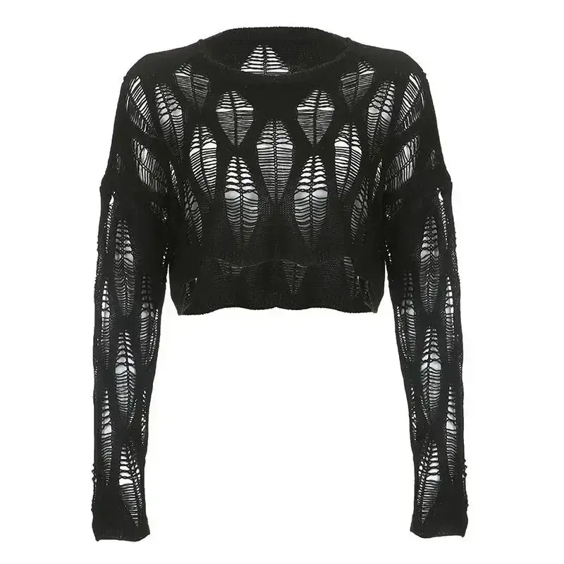 Vintage Hole Ripped Knitted Smock Tops Sexy Fashion Cropped Pullover Hollow Out Spring Autumn Sweater Knitwear