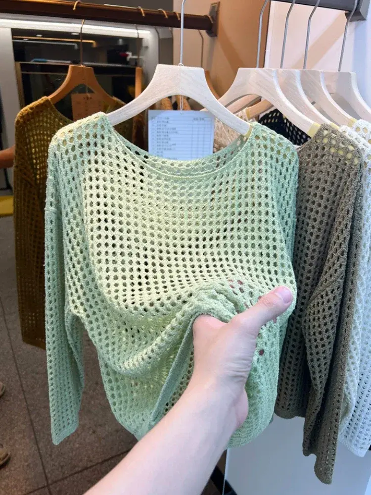 2025 Mesh Vintage Harajuku Long Sleeve Women Sweater Korean Spring Summer Knitwear Soft Thin Tops Chic Solid Femme Sweater
