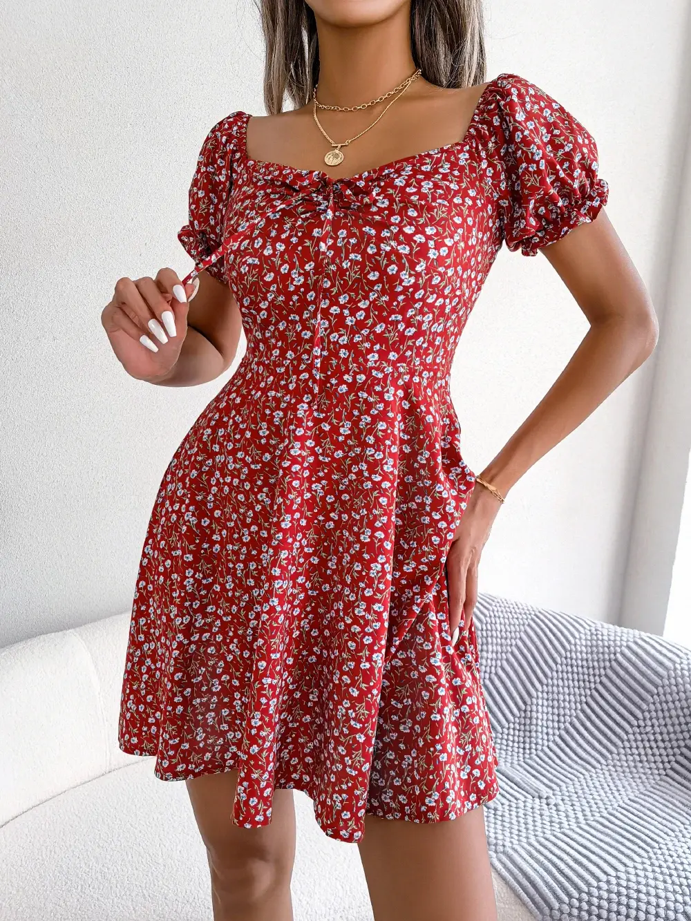 Dress women's 2025 spring/summer casual trumpet sleeve drawstring tie floral large swing skirt