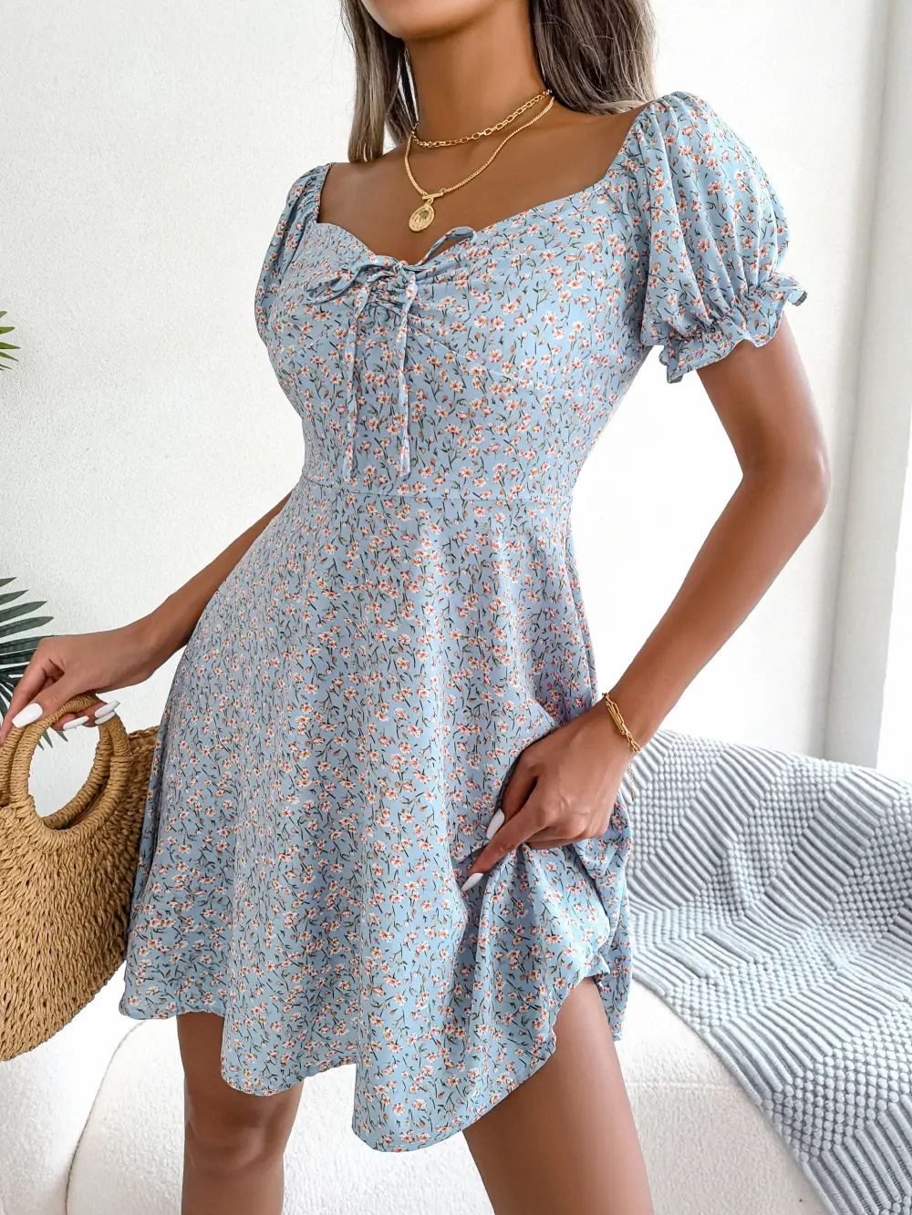 Dress women's 2025 spring/summer casual trumpet sleeve drawstring tie floral large swing skirt