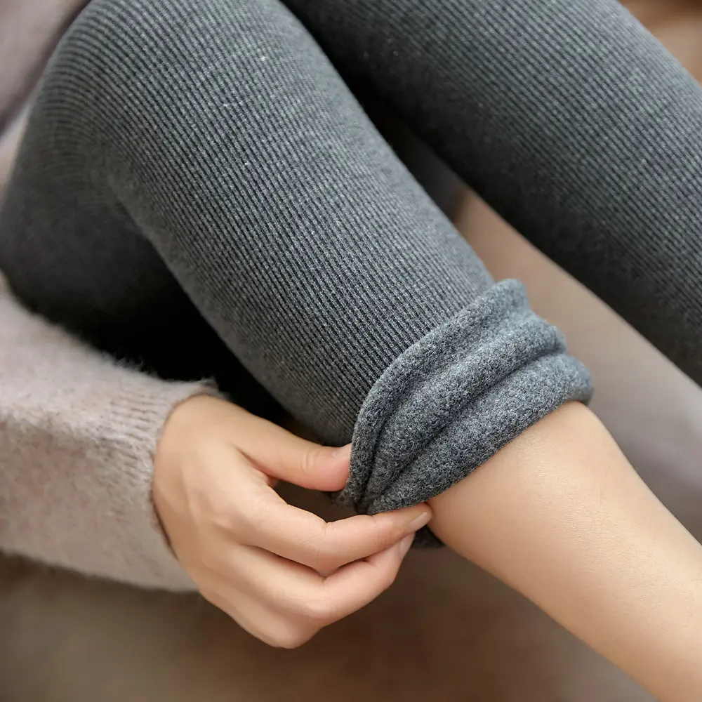Winter Pants Plus velvet Thicken Pants High Waist Skinny Leggings Solid Vertical striped Women Clothing