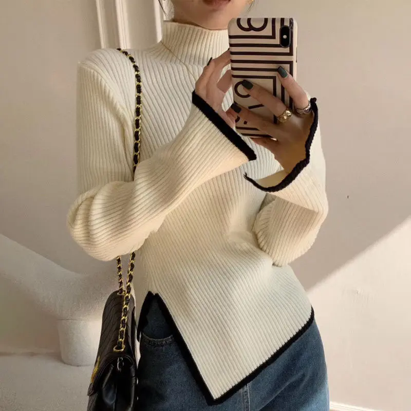 Women's Turtleneck Sweater and Pullover Winter 2024 New Side Slit Knitted Sweaters Female Long Flare Sleeve Knitwears