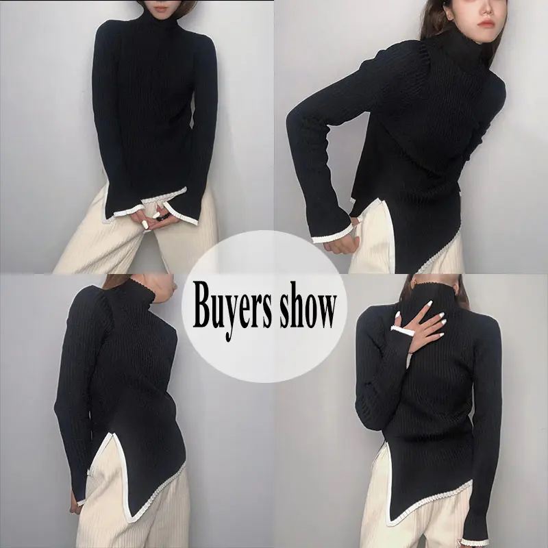 Women's Turtleneck Sweater and Pullover Winter 2024 New Side Slit Knitted Sweaters Female Long Flare Sleeve Knitwears