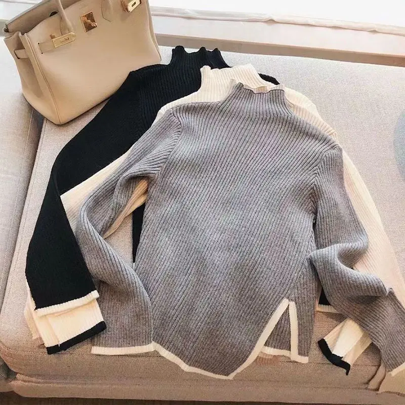 Women's Turtleneck Sweater and Pullover Winter 2024 New Side Slit Knitted Sweaters Female Long Flare Sleeve Knitwears