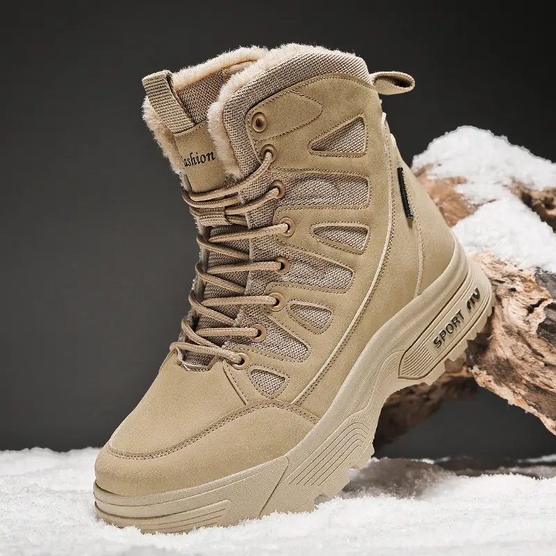 Winter Warm Plush Fur Snow Boots Waterproof Leather Men's Boots Outdoor Non-slip Work Boots Combat Desert Boots Motorcycle Boots