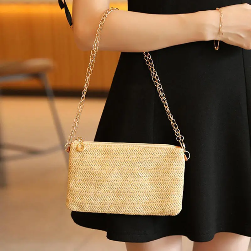 Summer Casual Chain Strap Crossbody Bags For Daily Used Simple Design Straw Shoulder Bag Women Ladies Handbags Day Clutch
