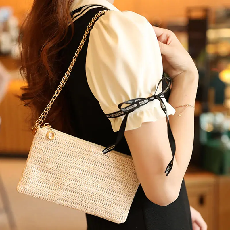 Summer Casual Chain Strap Crossbody Bags For Daily Used Simple Design Straw Shoulder Bag Women Ladies Handbags Day Clutch