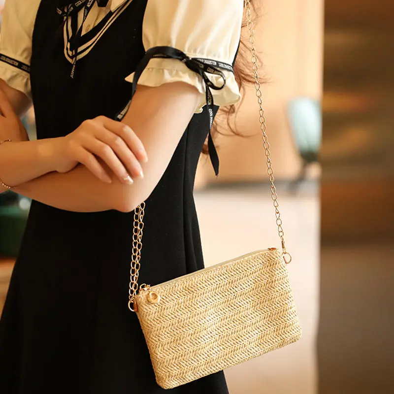 Summer Casual Chain Strap Crossbody Bags For Daily Used Simple Design Straw Shoulder Bag Women Ladies Handbags Day Clutch