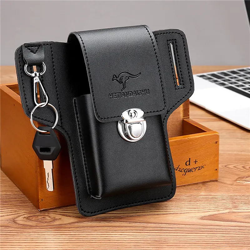 2025 Fashion New Men's Belt Artificial PU Leather Cover Standing Multi functional Mobile Waist Bag Card Keychain