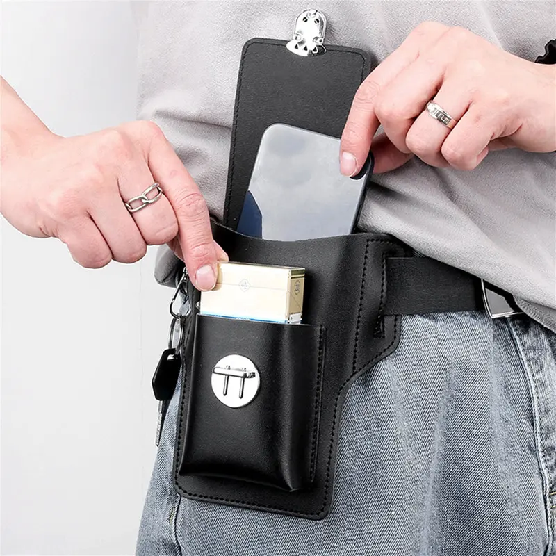 2025 Fashion New Men's Belt Artificial PU Leather Cover Standing Multi functional Mobile Waist Bag Card Keychain