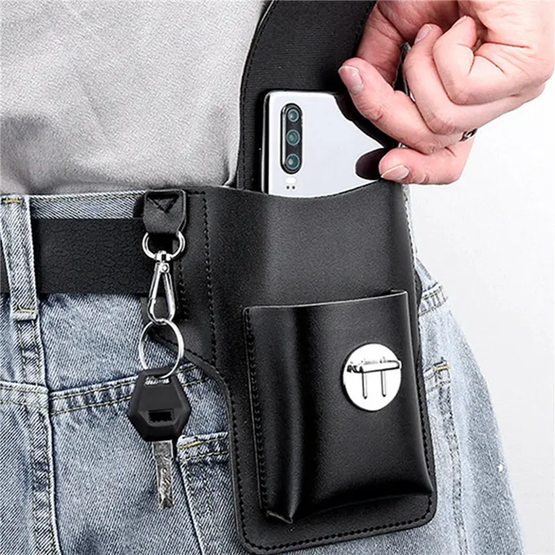 2025 Fashion New Men's Belt Artificial PU Leather Cover Standing Multi functional Mobile Waist Bag Card Keychain