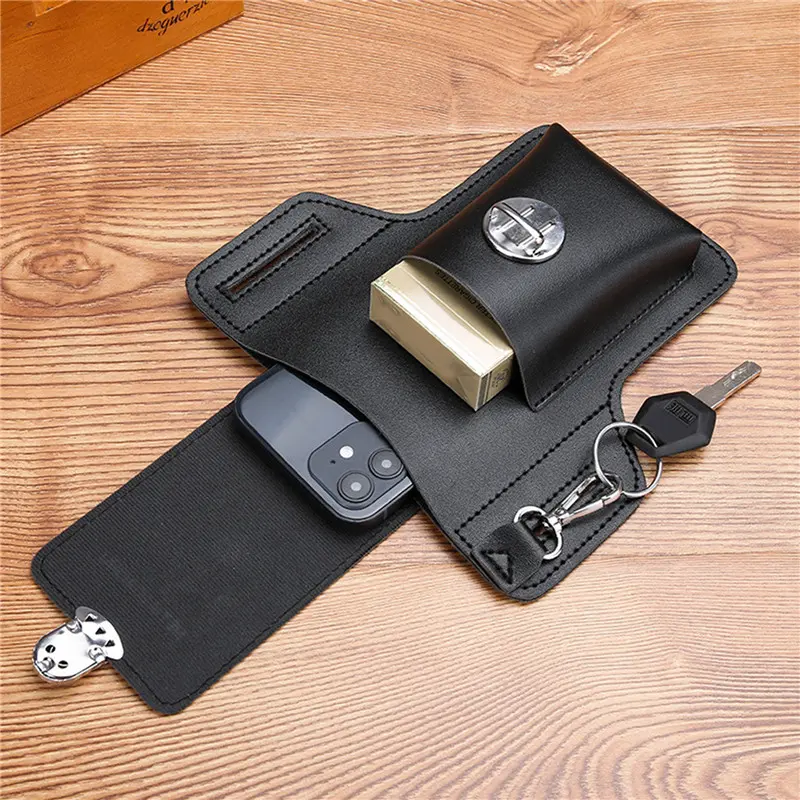 2025 Fashion New Men's Belt Artificial PU Leather Cover Standing Multi functional Mobile Waist Bag Card Keychain