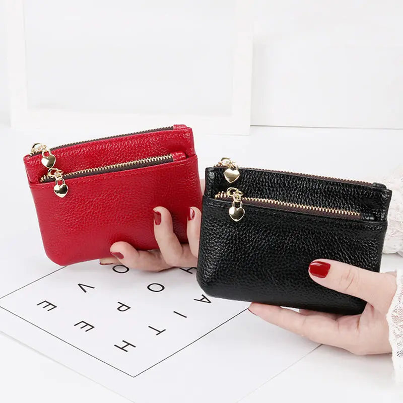 Leather 2 Zipper Coin Purse Wallet With Card Slots Organizer Change Holder Soft Storage Bag Fashion