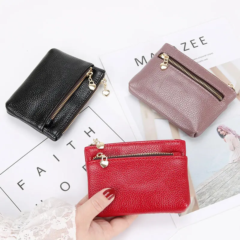 Leather 2 Zipper Coin Purse Wallet With Card Slots Organizer Change Holder Soft Storage Bag Fashion