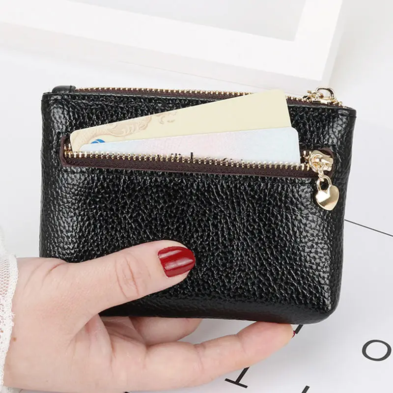 Leather 2 Zipper Coin Purse Wallet With Card Slots Organizer Change Holder Soft Storage Bag Fashion