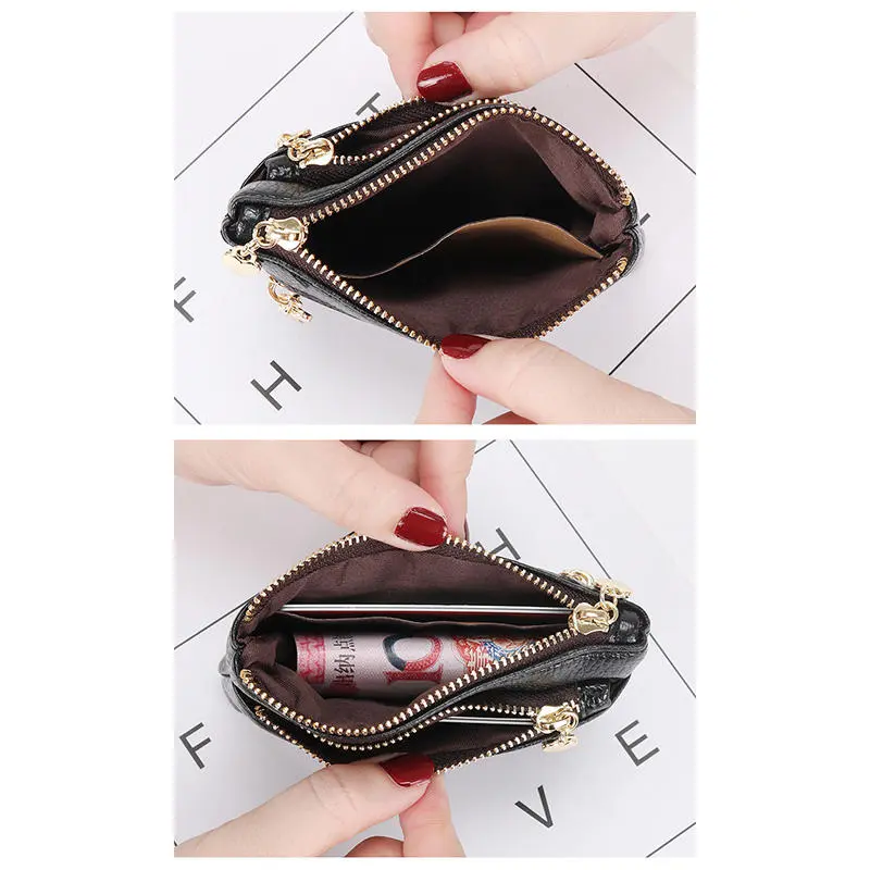 Leather 2 Zipper Coin Purse Wallet With Card Slots Organizer Change Holder Soft Storage Bag Fashion