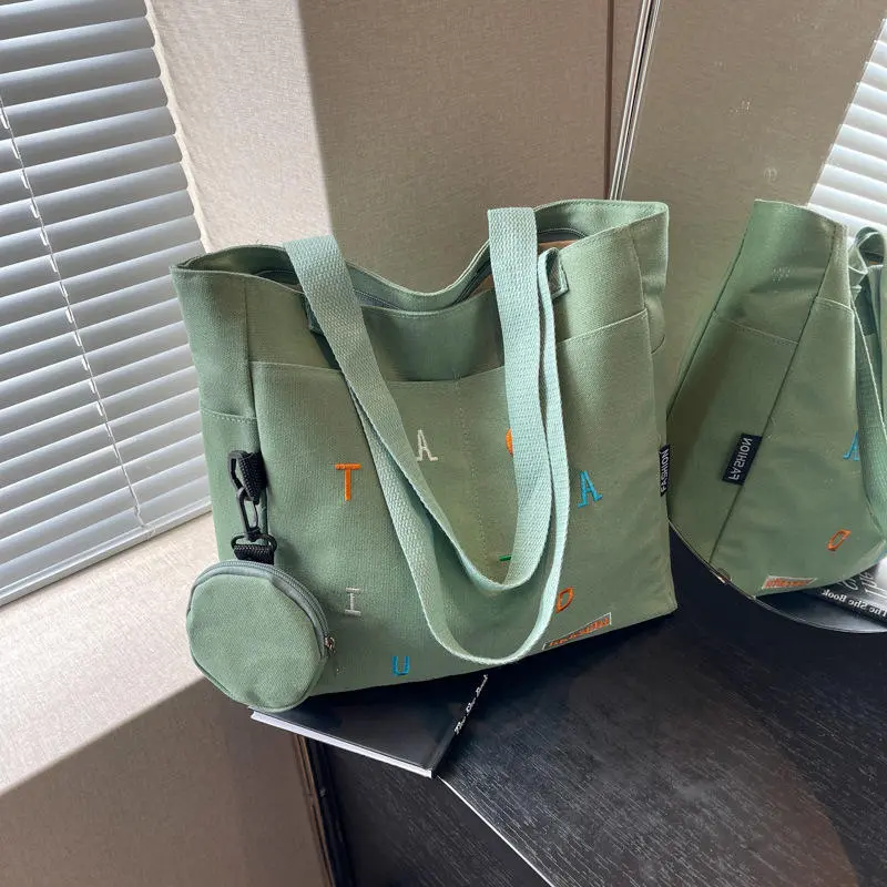 Simplicity Canvas Composite Shoulder Bag Solid Color Versatile Lazy Style Crossbody Large Capacity Commuter Tote