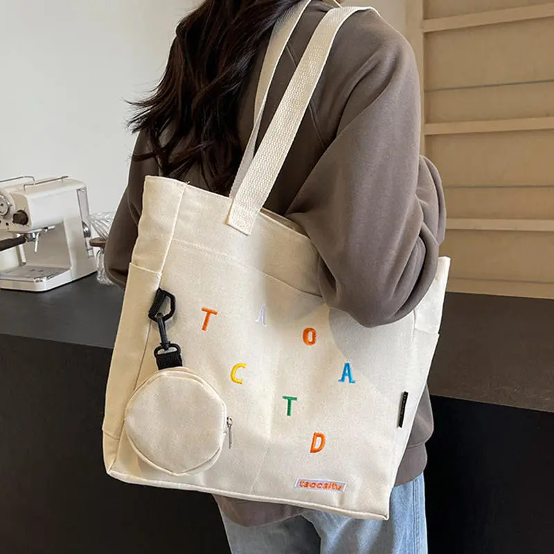Simplicity Canvas Composite Shoulder Bag Solid Color Versatile Lazy Style Crossbody Large Capacity Commuter Tote
