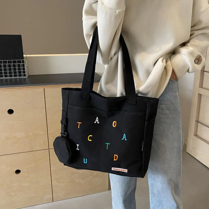 Simplicity Canvas Composite Shoulder Bag Solid Color Versatile Lazy Style Crossbody Large Capacity Commuter Tote