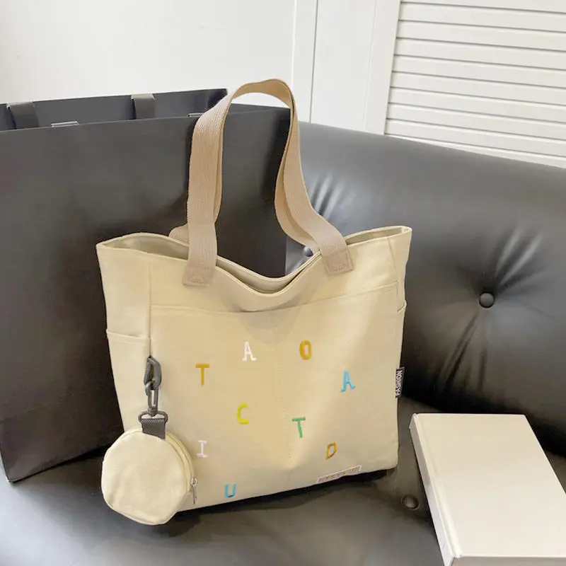 Simplicity Canvas Composite Shoulder Bag Solid Color Versatile Lazy Style Crossbody Large Capacity Commuter Tote