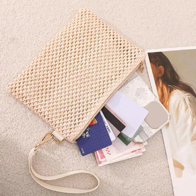 Hot Sale Elegant Beach Vacation Wristlet Handbag for Women Bohemian Styles Woven PP Small Clutch Bag Versatiles Zippered Purse