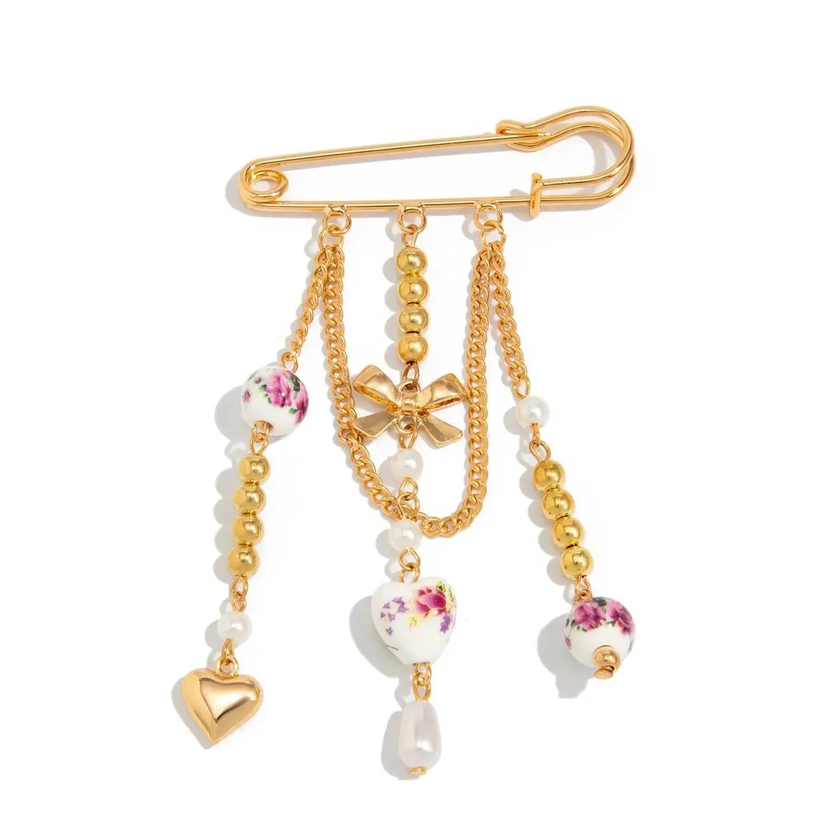 Ingemark Elegant Ceramic Love Heart Beads Bowknot Tassel Brooch for Women Fashion Dress Suit Collar Pins Clip Party Jewelry Gift