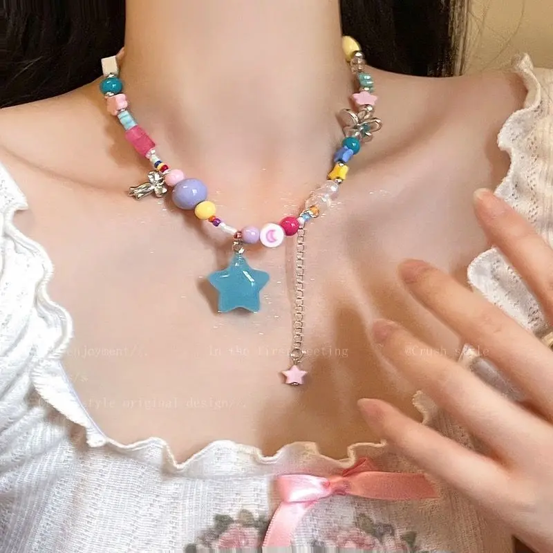 Boho Kpop Colorful Sugar Star Tassel Pendant Choker Necklace for Women Sweet Love Heart Chain Aesthetic Y2K Jewelry Accessories