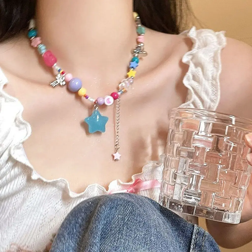 Boho Kpop Colorful Sugar Star Tassel Pendant Choker Necklace for Women Sweet Love Heart Chain Aesthetic Y2K Jewelry Accessories