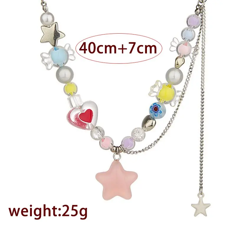 Boho Kpop Colorful Sugar Star Tassel Pendant Choker Necklace for Women Sweet Love Heart Chain Aesthetic Y2K Jewelry Accessories
