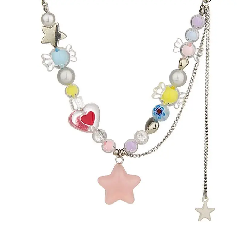 Boho Kpop Colorful Sugar Star Tassel Pendant Choker Necklace for Women Sweet Love Heart Chain Aesthetic Y2K Jewelry Accessories