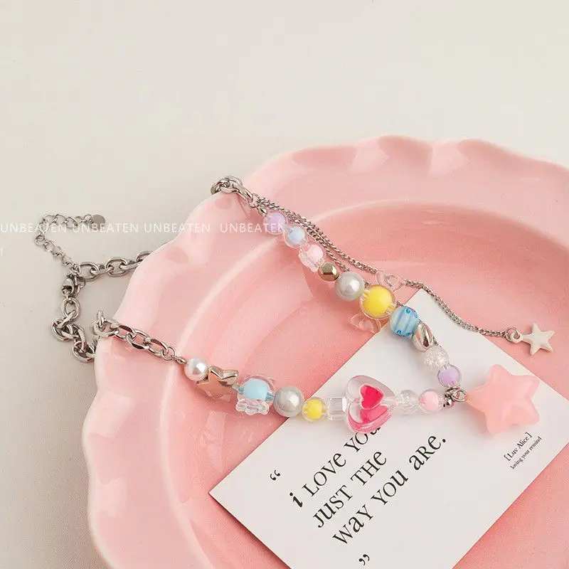 Boho Kpop Colorful Sugar Star Tassel Pendant Choker Necklace for Women Sweet Love Heart Chain Aesthetic Y2K Jewelry Accessories