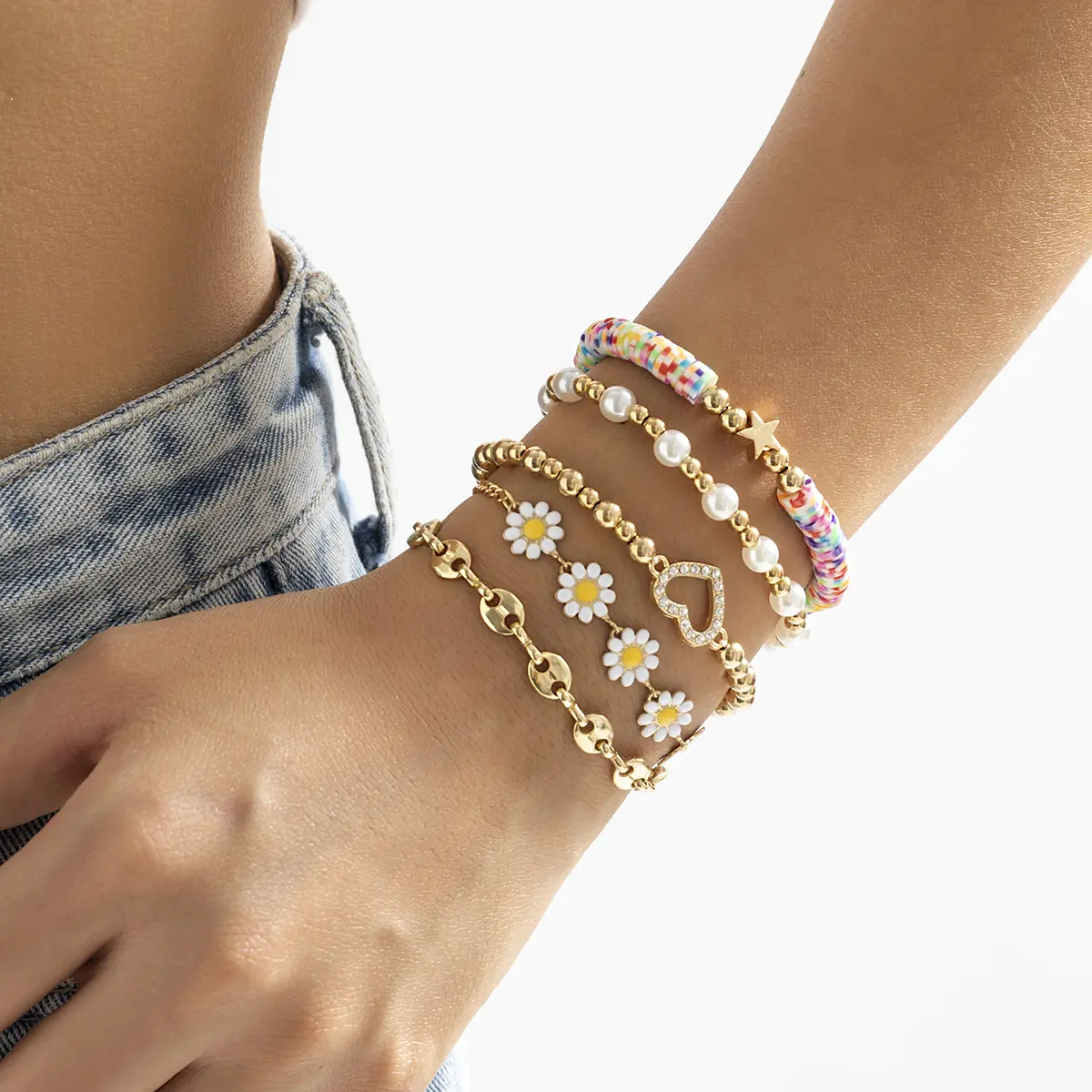 5Pcs/Set Kpop Sunflower Ball Polymer Clay Chain Bracelets for Women 2023 Trending Rhinestone Love Heart Bangles Couple Jewelry
