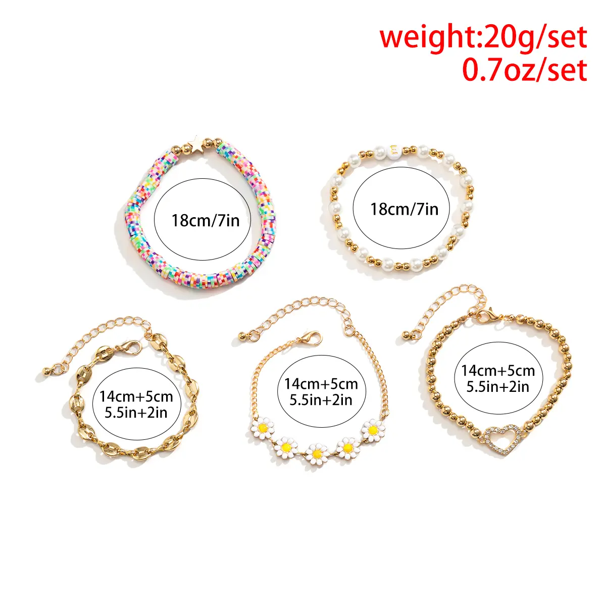 5Pcs/Set Kpop Sunflower Ball Polymer Clay Chain Bracelets for Women 2023 Trending Rhinestone Love Heart Bangles Couple Jewelry