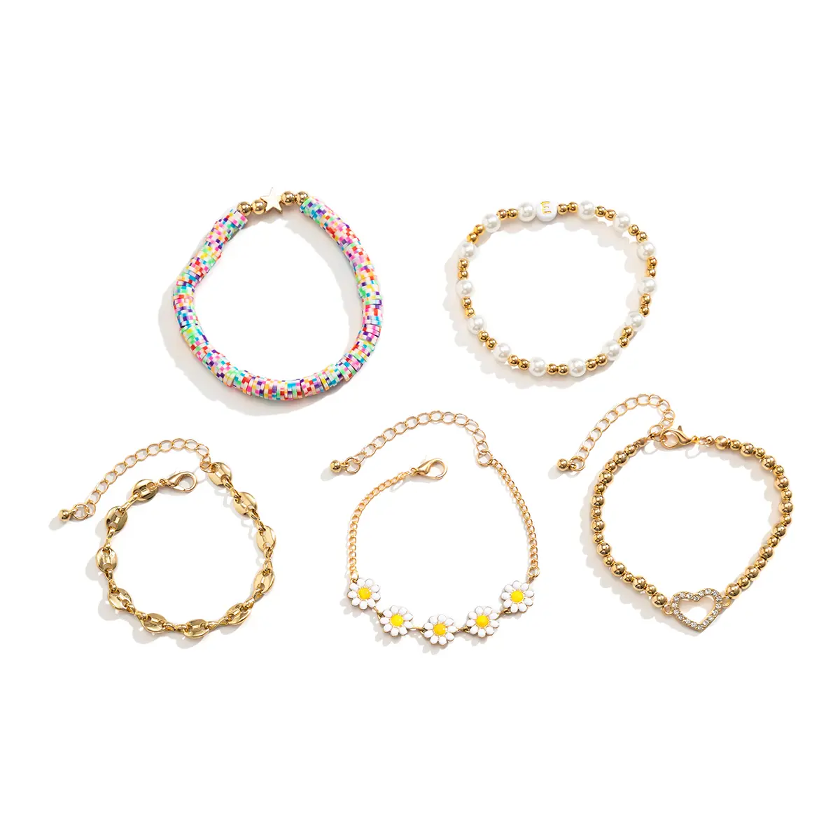 5Pcs/Set Kpop Sunflower Ball Polymer Clay Chain Bracelets for Women 2023 Trending Rhinestone Love Heart Bangles Couple Jewelry